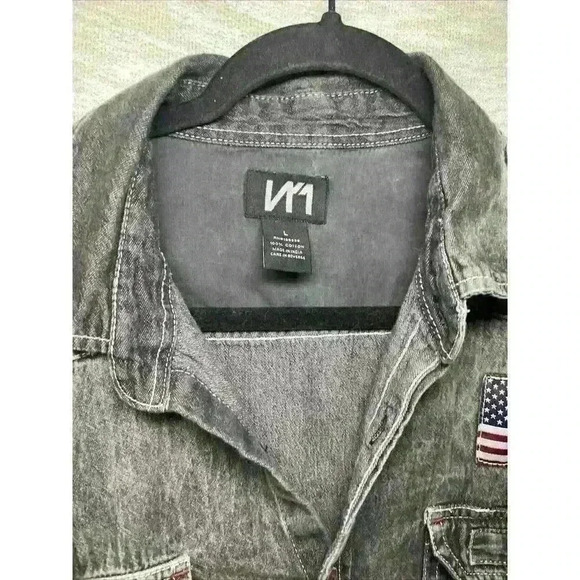 Men’s Large N1 Flag, Skull, Wings Distressed 2 Pocket Button Up Short Sleeve - Picture 2 of 15